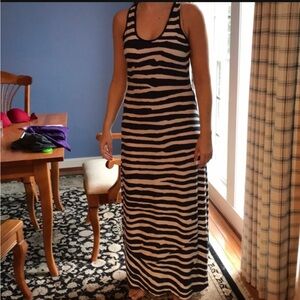 Calvin Klein Black and Tan Striped Maxi Dress amazing jersey fabric S